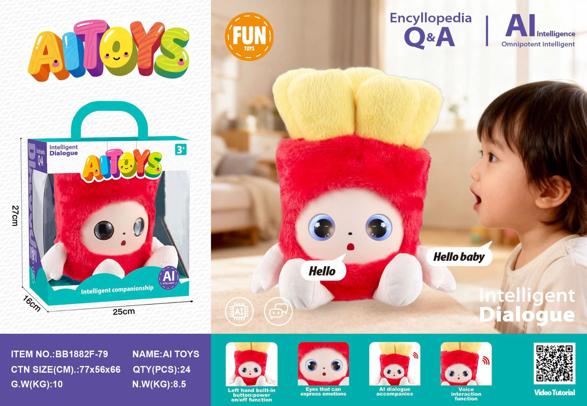 Multi-Language AI Interactive French Fries Plush Doll, Phone Connectable, Expressive Movable Eyes